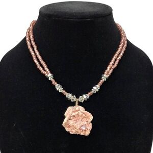 Pink Rose Pendant Necklace Two Strand Seed Bead Crystal‎ Accent Toggle Clasp